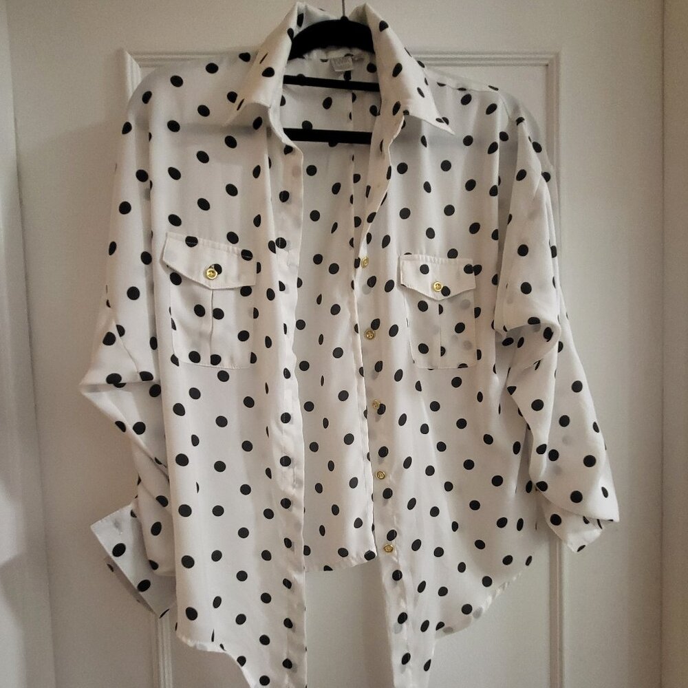 Twik (Simons) Polka Dot Tie-Front Button Down Blouse - Small